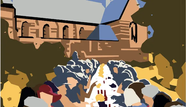 Tekening van mensen aan een lange tafel voor een klooster met bomen aan beide kanten van de weg.